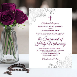 Invitation Mariage Catholique Moderne Blanc et prune magenta