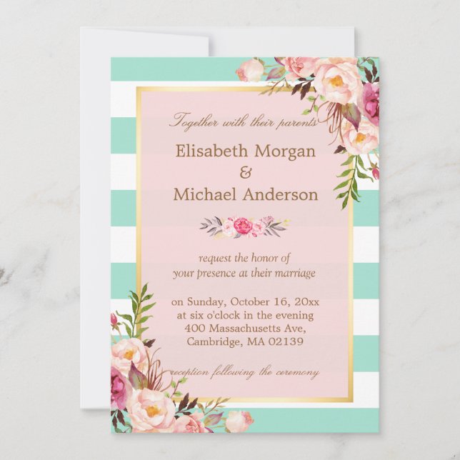 Invitation Mariage Célébration Rose Floral Mint Green Stripes (Devant)