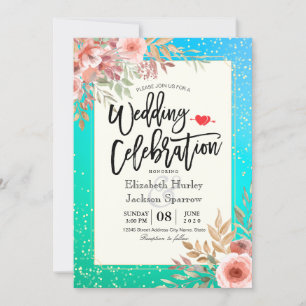 Invitation Mariage Célébration rose Floral Turquoise or Confe