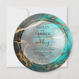 Invitation Mariage céleste abstrait sarcelle et or