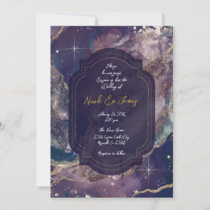 Invitation Mariage céleste bleu baie aquarelle or