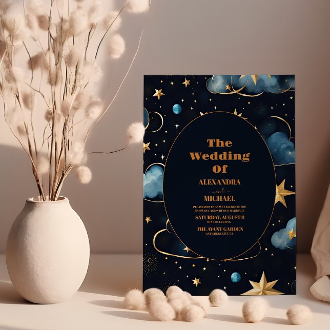 Invitation Mariage céleste enchantant bleu marine (Créateur téléchargé)