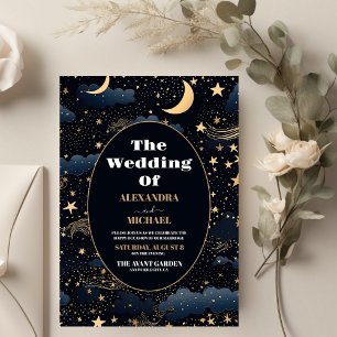 Invitation Mariage Céleste Étoiles Bleu Minuit Lune