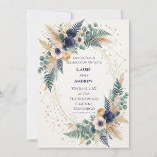 Invitation Mariage céleste Navy Ivoire Anémone Or