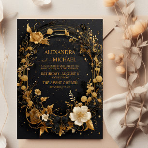 Invitation Mariage céleste noir or soleil lune mystique