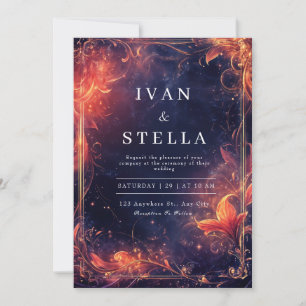 Invitation Mariage Céleste Or Rouge Luxueux Incandescent