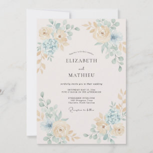Invitation Mariage Champagne Aqua Feuillage Eucalyptus Doux