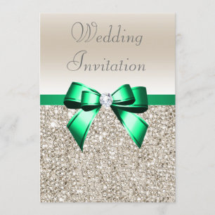 Invitation Mariage Champagne Sequins Shamrock Green Bow