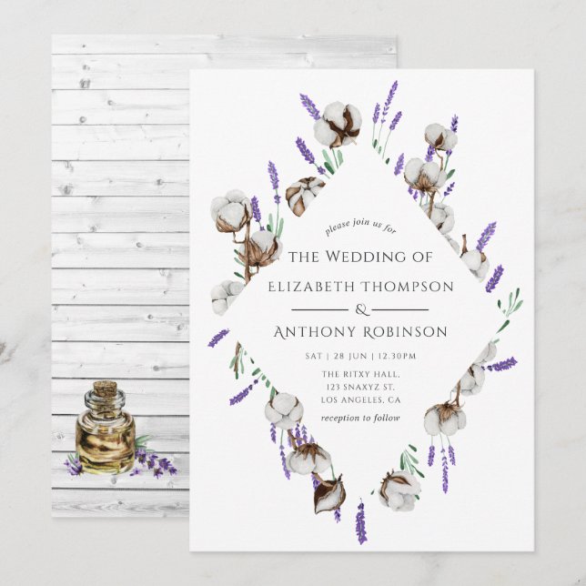 Invitation Mariage champêtre à l'aquarelle rustique lavande (Devant / Derrière)