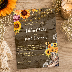 Invitation Mariage champêtre au tournesol rustique en bois de