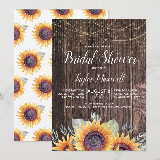 Invitation Mariage champêtre automnal avec tournesols sur boi (Devant / Derrière)