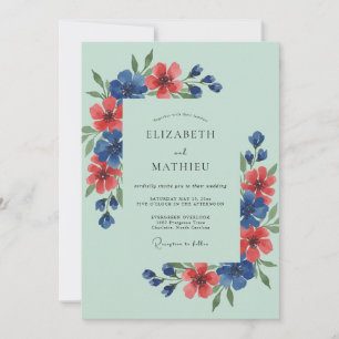 Invitation Mariage Champêtre aux Fleurs Sauvages Vert Menthe