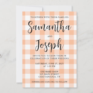 Invitation Mariage champêtre avec carreaux pêche et blanc
