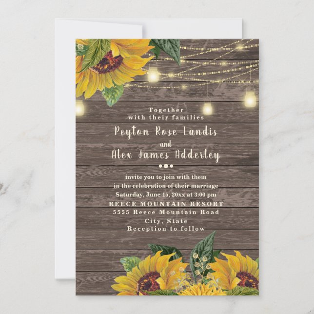 Invitation Mariage champêtre avec guirlande lumineuse tournes (Devant)