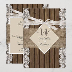 Invitation Mariage Champêtre Beige Blanc Dentelle Bois Toile 