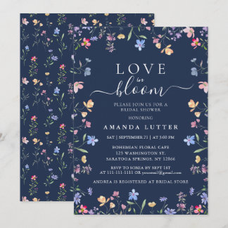 Invitation Mariage Champêtre Bleu Nuit Fleur Sauvage Amour en