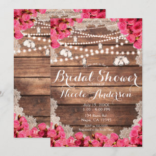 Invitation Mariage Champêtre Bois Dentelle Roses Roses Clair 