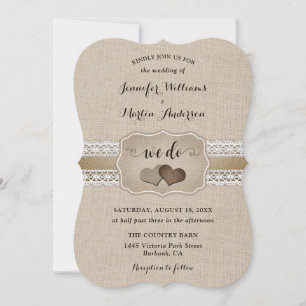 Invitation Mariage Champêtre Burlap et Dentelle Coeurs