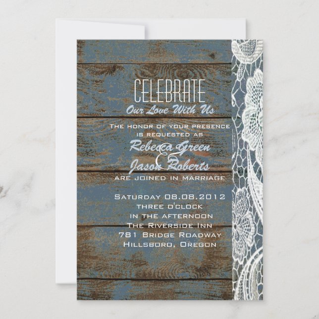 Invitation mariage champêtre en bois de grange bleu ardoise v (Devant)