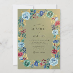 Invitation Mariage Champêtre Fleur Sauvage Olive Cobalt
