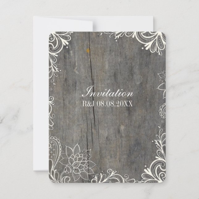 Invitation mariage champêtre fleuri avec dentelle et bois (Devant)