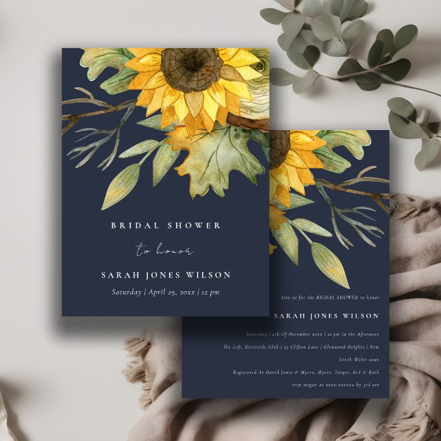 Invitation Mariage champêtre floral aquarelle Tournesol Navy (Créateur téléchargé)