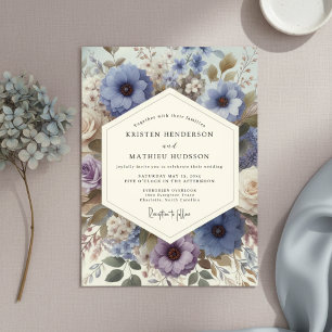 Invitation Mariage Champêtre Floral Bleu Ardoise