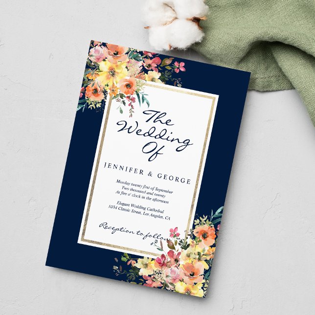 Invitation Mariage champêtre floral bleu marine corail orange (Navy blue pink coral orange floral country wedding)