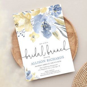 Invitation Mariage champêtre floral bleu poussiéreux et jaune