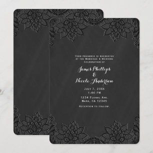 Invitation Mariage champêtre floral noir tableau noir et dent