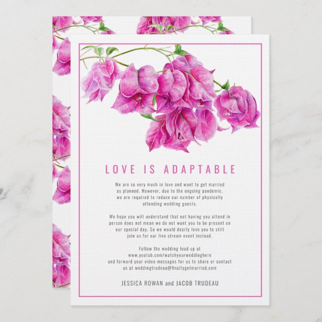 Invitation Mariage changé en bougainvilliers en direct rose (Devant / Derrière)