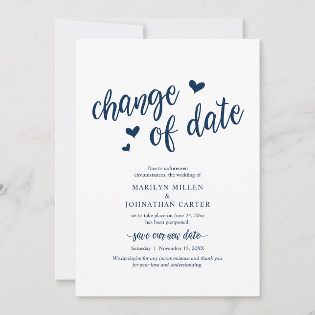 Invitation Mariage, Changement de date, Bleu marine, Annonce (Devant)