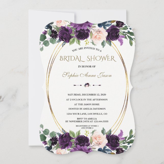 Invitation Mariage Charme Lavande Bleu Marine Fleurs (Devant)
