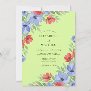 Invitation Mariage Chartreuse Pervenche Coquelicot Pressé