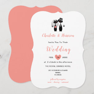 Invitation Mariage Chats Élégant noir blanc corail mignonne