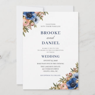 Invitation Mariage chic bleu Anémone rose Ranunculus lumières