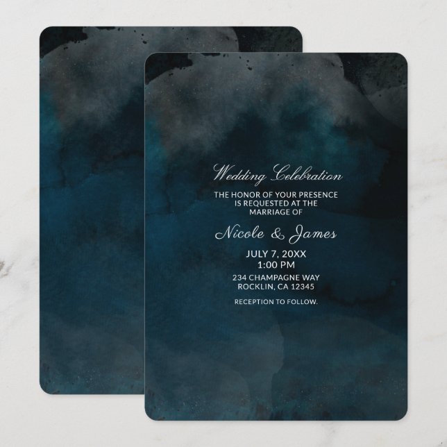 Invitation Mariage chic bleu tendance aquarelle moderne (Devant / Derrière)