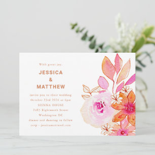 Invitation Mariage Chic Bohème Fleurs Rose Orange Aquarelle