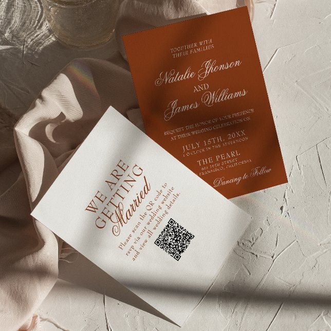 Invitation Mariage Chic Bohème Orange Brûlé Code QR Terracott (Créateur téléchargé)