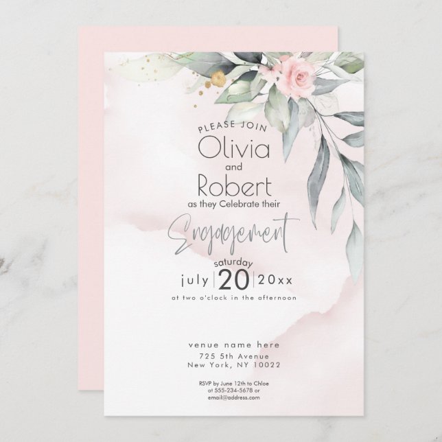 Invitation Mariage | Chic Boho Feuillage forestier et Roses (Devant / Derrière)
