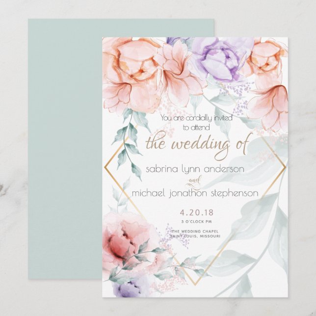 Invitation Mariage |Chic Coral tendance et Lilac Aquarelle (Devant / Derrière)