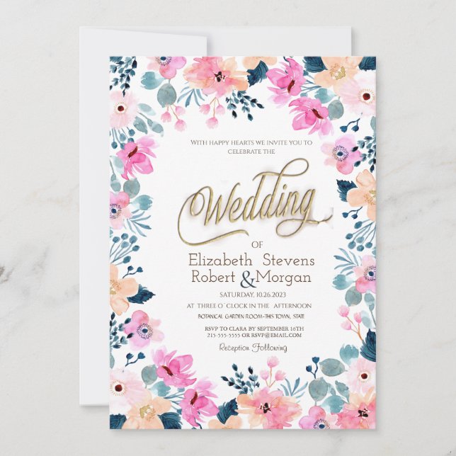 Invitation Mariage chic de fleurs roses du jardin (Devant)