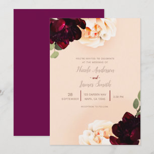 Invitation Mariage chic élégant et sombre de Marsala florale