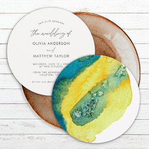 Invitation Mariage chic et élégant à l'aquarelle bleu jaune