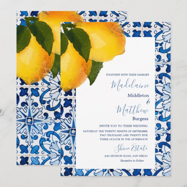 Invitation Mariage chic et élégant avec des carreaux méditerr (Devant / Derrière)