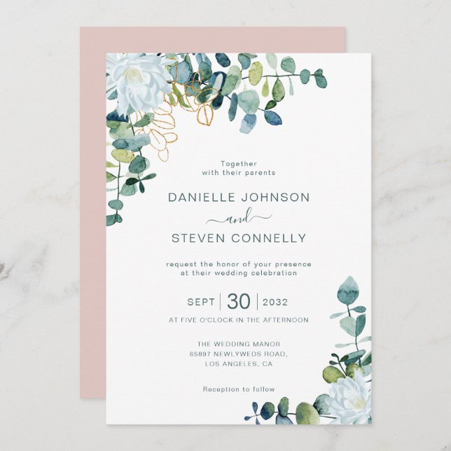 Invitation Mariage chic eucalyptus verdure blanc fleurs (Devant / Derrière)