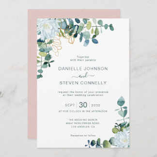 Invitation Mariage chic eucalyptus verdure blanc fleurs