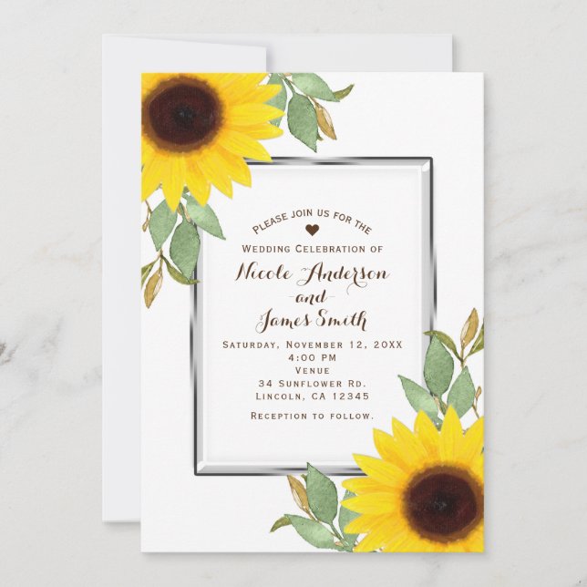 Invitation Mariage Chic Fleurs de Tournesol Blanc Salle (Devant)