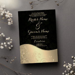 Invitation Mariage chic glamour Noir Or Floral Damask