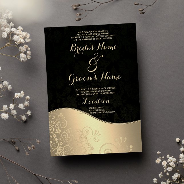 Invitation Mariage chic glamour Noir Or Floral Damask (Glamorous Black Gold Floral Damask Chic Wedding )